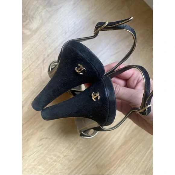 Vintage CHANEL Black Strap Slingback Heels with Logo Motif - Picture 4 of 7
